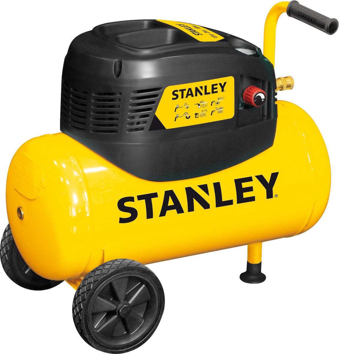 Stanley compressor dn200 8 24 - luchtcompressor 8 bar - 24l - 180l min - met handvat en wielen - olievrij - geel