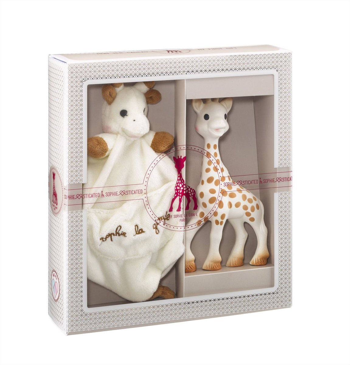 Raffiniertes Geschenkset „Sophie die Giraffe“ – Babyspielzeug – Kuscheltuch mit Schnullerhalter – Mutterschaftsgeschenk – Babyparty-Geschenk – 4-teilig