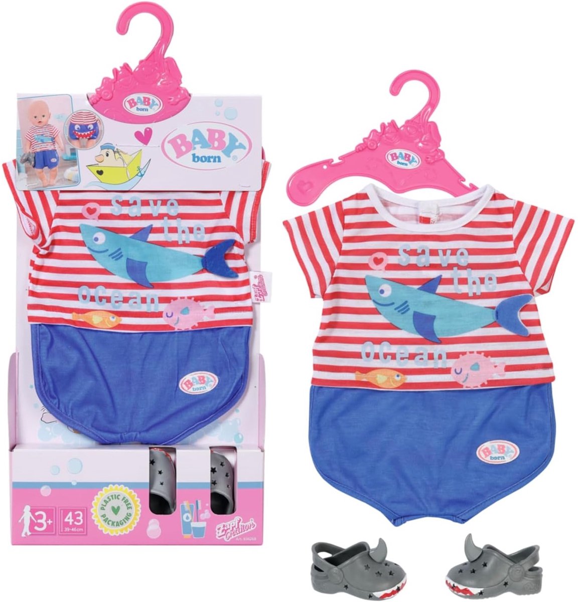 Baby born Badepyjama mit Schuhen – Zubehör für Puppen bis 43 cm – Hai-Thema