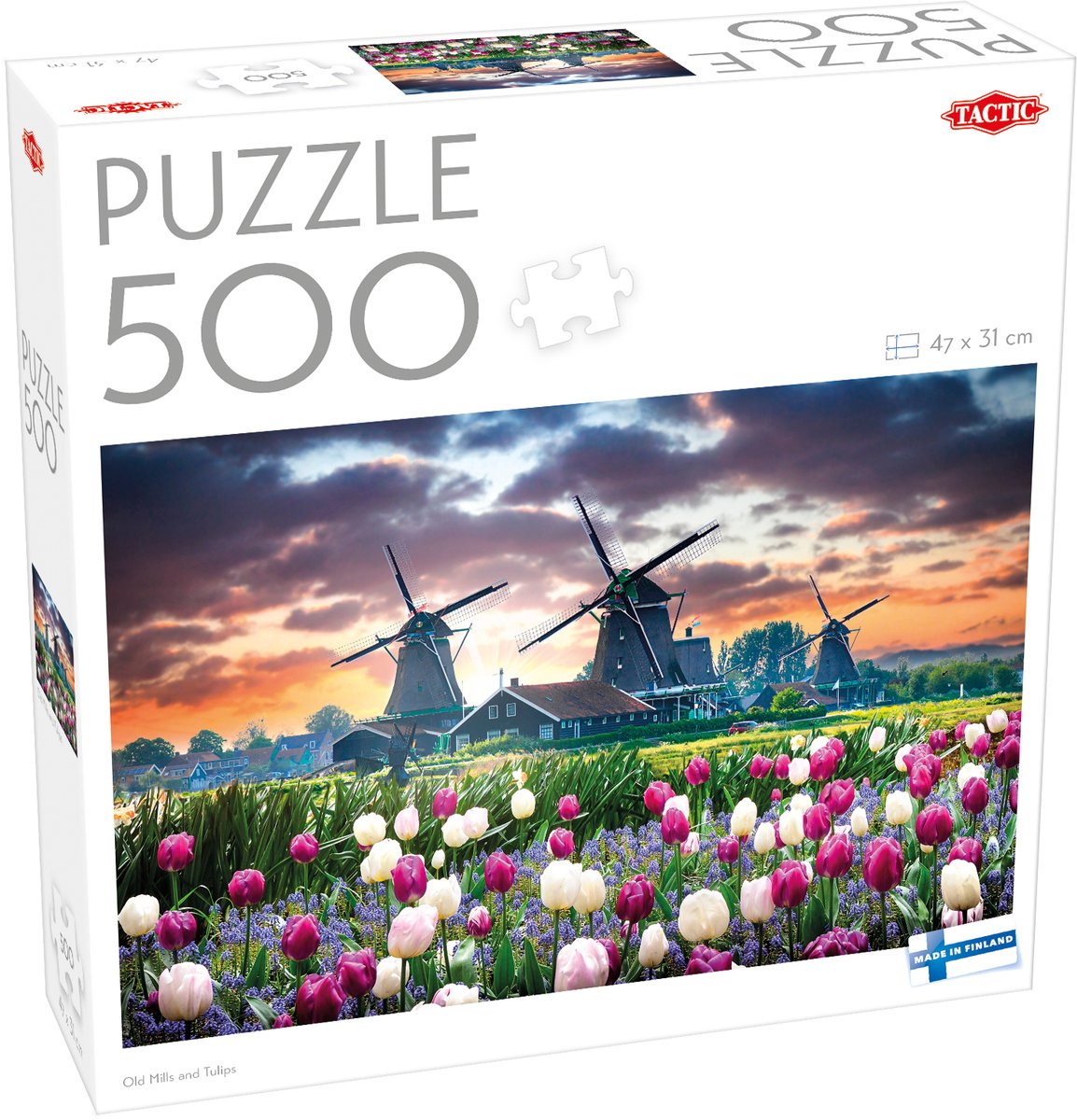 Tactic alte Mühlen und Tulpen – Puzzle – 500 Teile – Holländische Windmühlen und Tulpenfelder – typisch niederländische Landschaft – hohe skandinavische Qualität