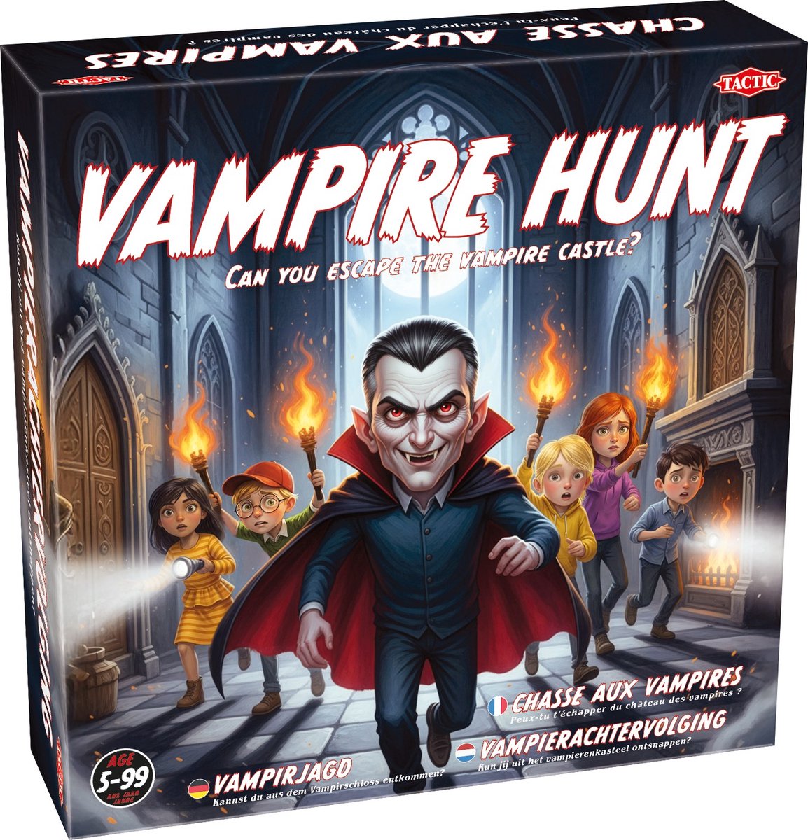 Tactic vampire hunt - bordspel - familiespel - ontsnap uit het kasteel van de vampier - strategisch avonturenspel - vermijd de vampier(s) en vind de uitgang - spannend spel voor kinderen en families - 2 tot 6 spelers - vanaf 5 jaar