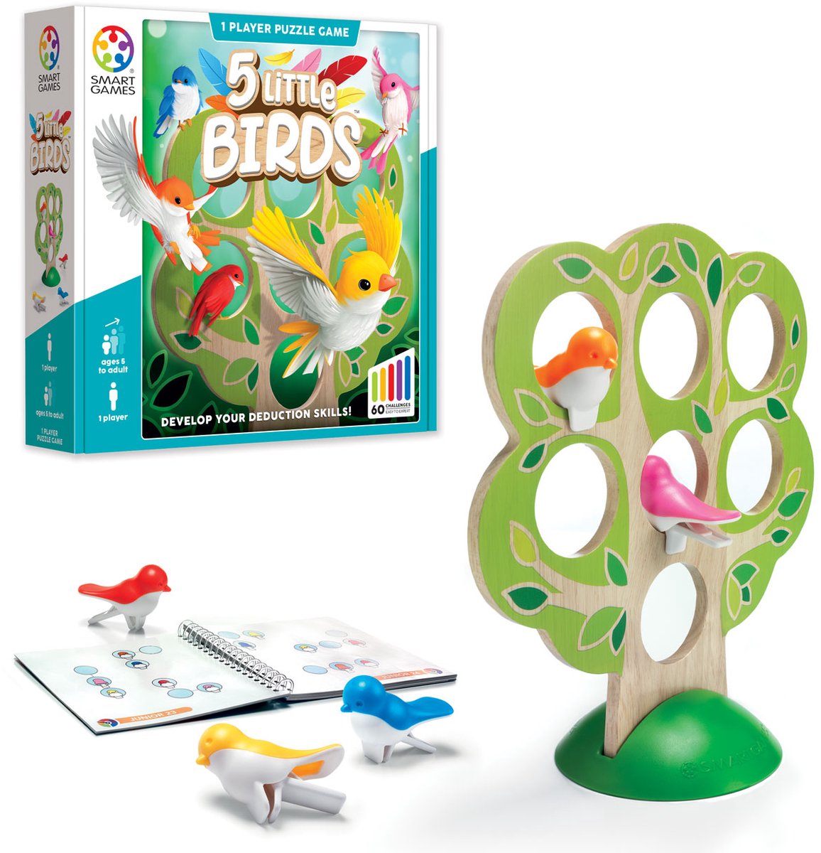 Smartgames 5 kleine Vögel – logisches Denkspiel aus Holz – 60 pädagogische Denksportaufgaben – Solospiel für Vorschulkinder, Grundschule – ab 5 Jahren