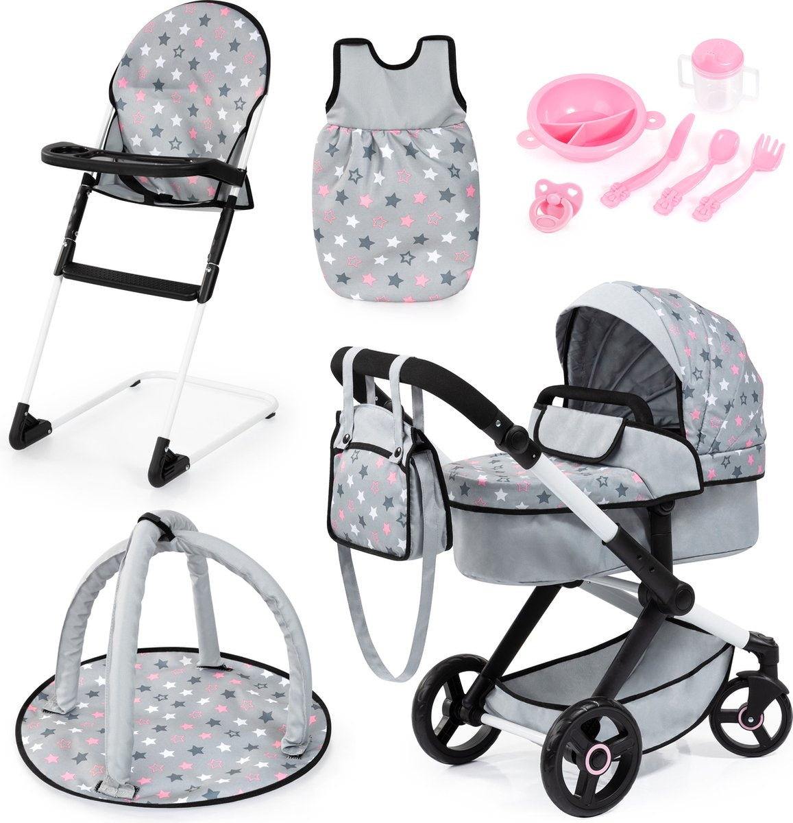 Bayer Design Xeo Puppenwagen-Set, mit Tasche, Hochstuhl, Schlafsack, Spielbogen, Puppenzubehör, in Grau