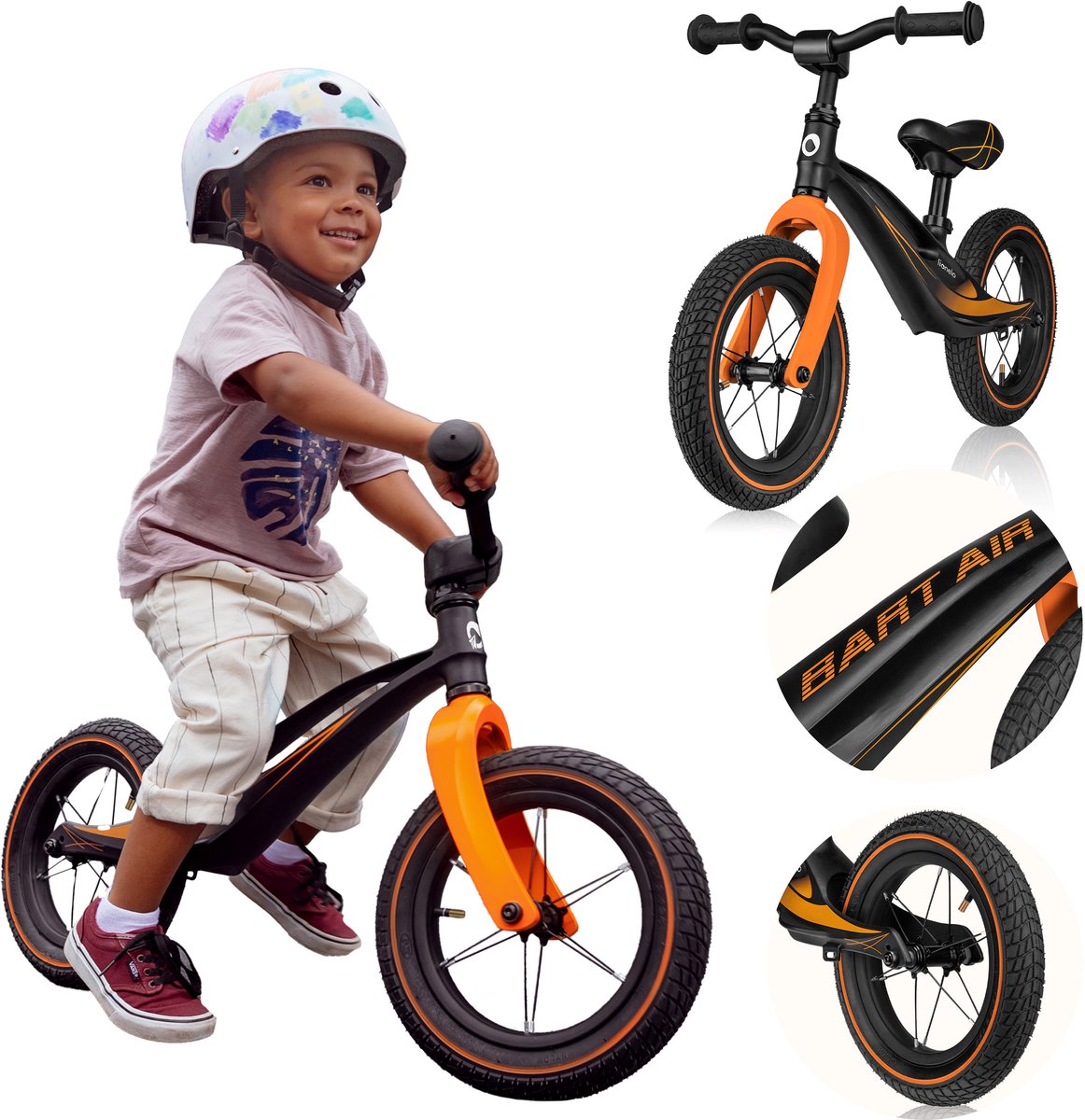 Lionelo Bart Air Laufrad – Magnesiumrahmen – 3,8 kg ultraleicht – 12 Zoll aufblasbare oder EVA-Räder – verstellbarer Lenkersattel – bis zu 30 kg – ab 2 Jahren – Anti-Rutsch-Griffe – Lenkerbegrenzer – Fußstütze – Griff – EN71 zertifiziert –