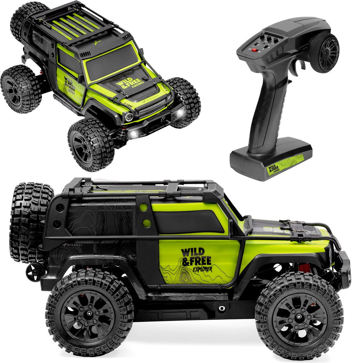 Overmax x-fixed RC-Car RC-Auto – 1:10 Crawler 4x4 – Metall-Antriebswelle – Öl-Stoßdämpfer – LED-Beleuchtung – 2 Batterien (bis zu 40 Min.) – 30 km/h – stufenlose Geschwindigkeitsregelung – Offroad-Geländemodell – fahrbereit – steuerbares Auto