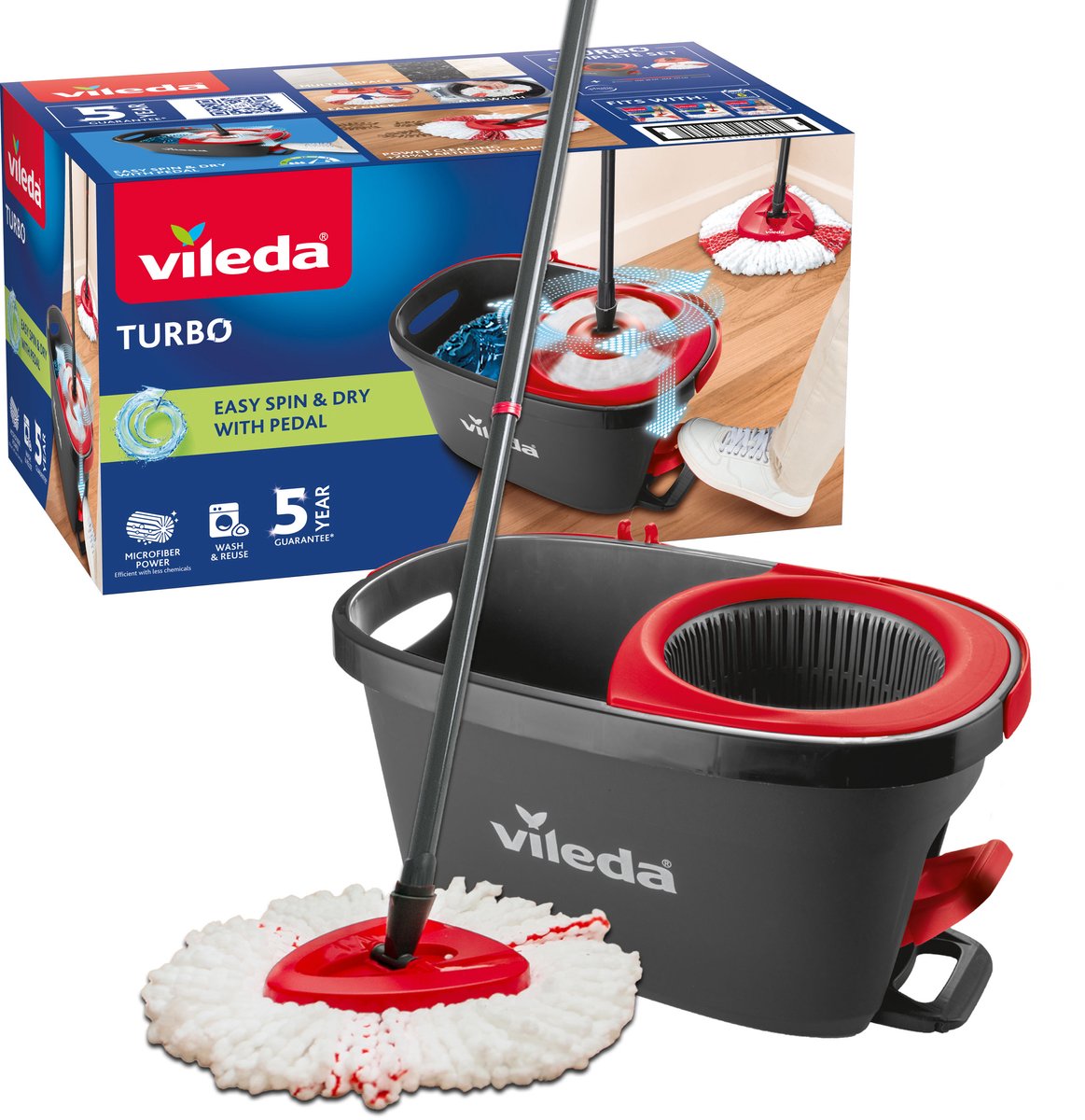 Vileda Turbo 2in1 – Komplettset mit Schleudermopp und Eimer mit Pedalpresse – Mikrofasermopp 2in1
