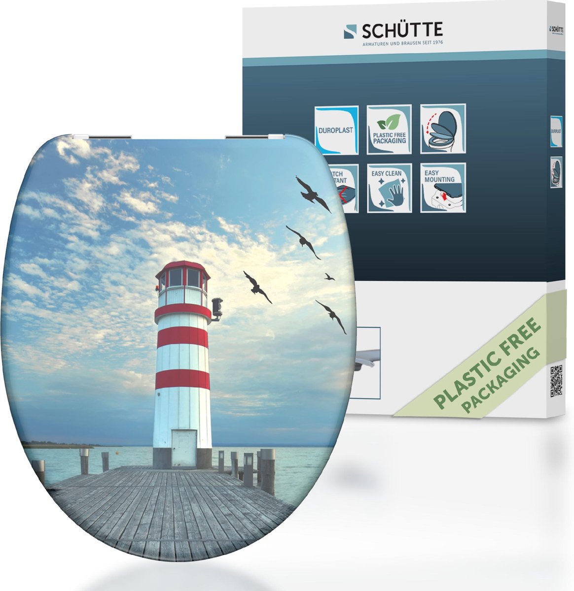 Schütte WC-Sitz 82149 Leuchtturm - Duroplast - Absenkautomatik - Chromscharniere - Dekor - 1-seitiger Druck
