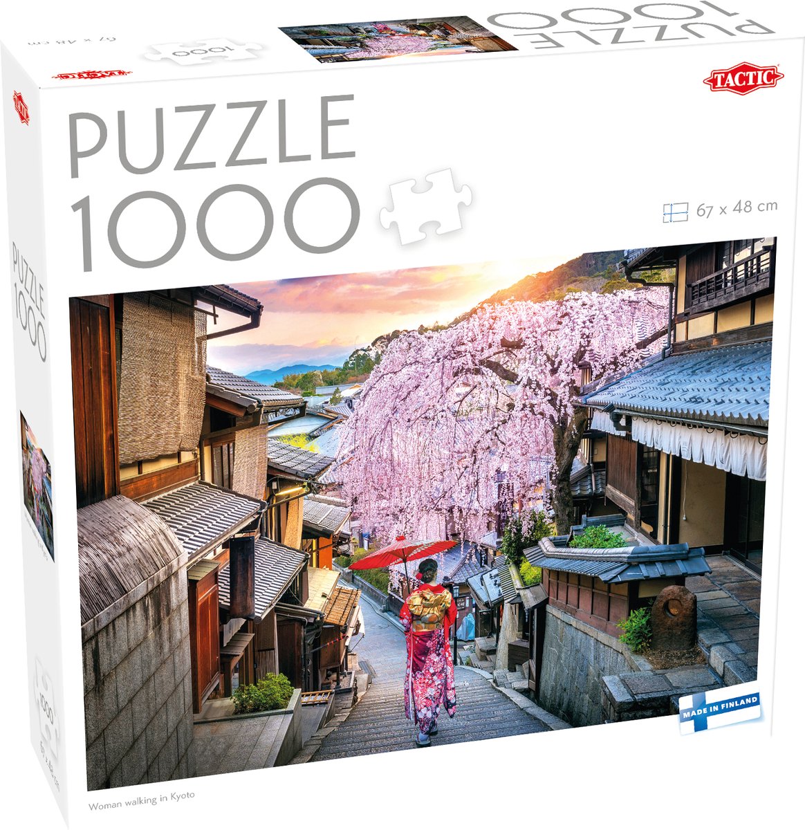 Taktische Frau spaziert durch Kyoto – Puzzle – 1000 Teile – traditionelle japanische Straße – stimmungsvolle Sakura-Blüte – hohe skandinavische Qualität