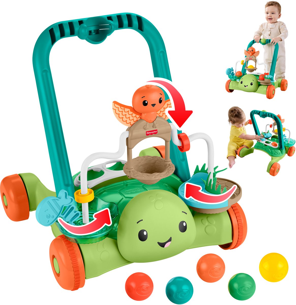 Fisher-Price Moves with You Turtle Walker – Schiebe- und Aktivitätsspielzeug mit 5 Bällen