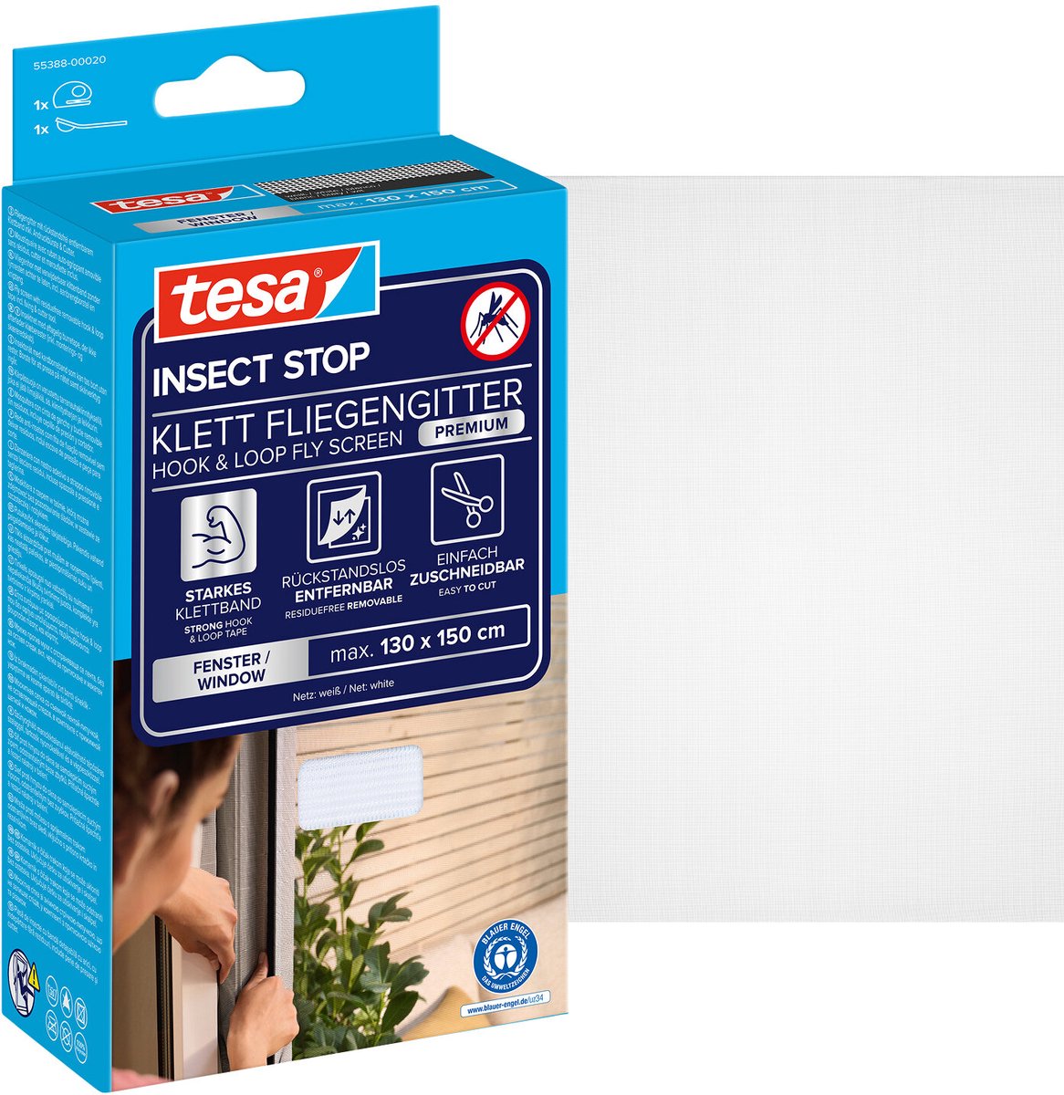 Tesa Insect Stop H L Fliegengitter Premium für Fenster – Insektenschutz mit starkem Klettverschluss, rückstandslos abnehmbar, zuschneidbar – 130 x 150 cm – weiß (leichter Sichtschutz)