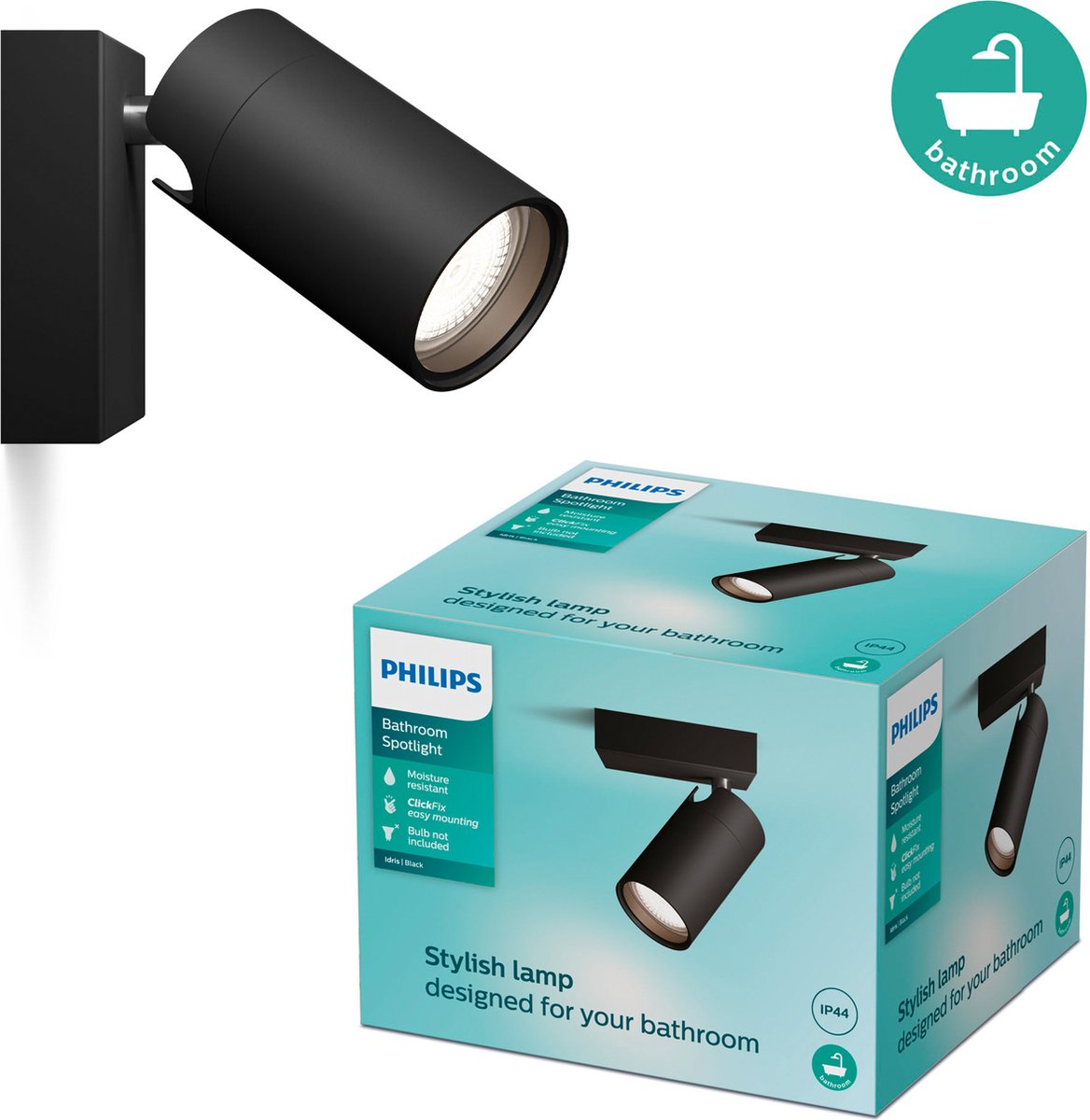 Philips led philips idris spot - spatwaterdicht ip44 - zwart - 5w - badkamerlamp - eén lichtpunt - alleen geschikt voor led spots