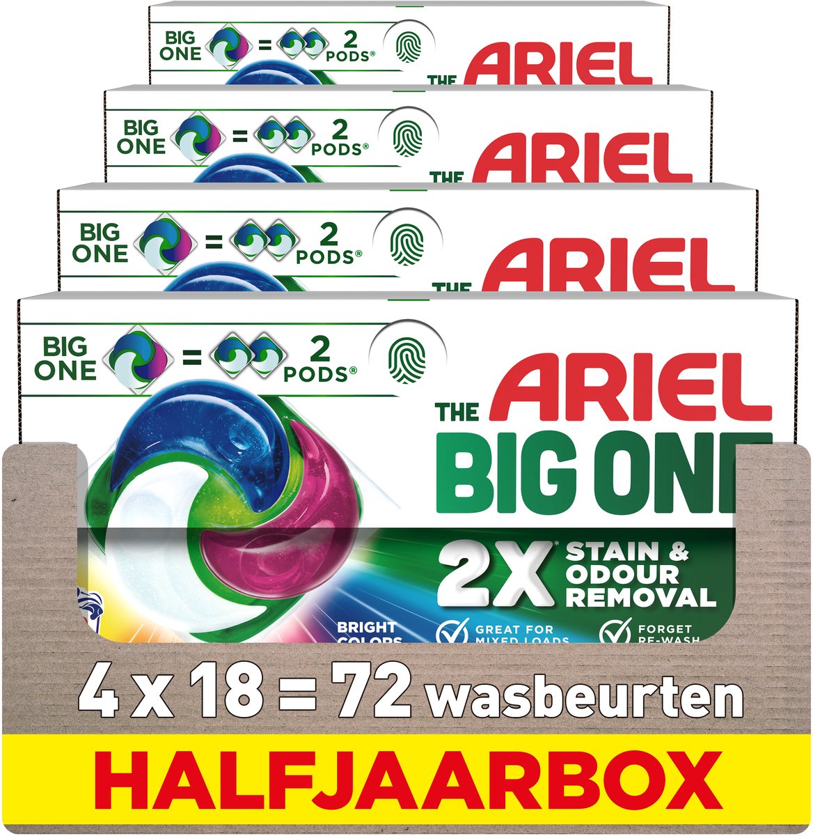Ariel the big one wasmiddel pods stralende kleuren - 4 x 18 wasbeurten - 1 big one = 2 reguliere pods