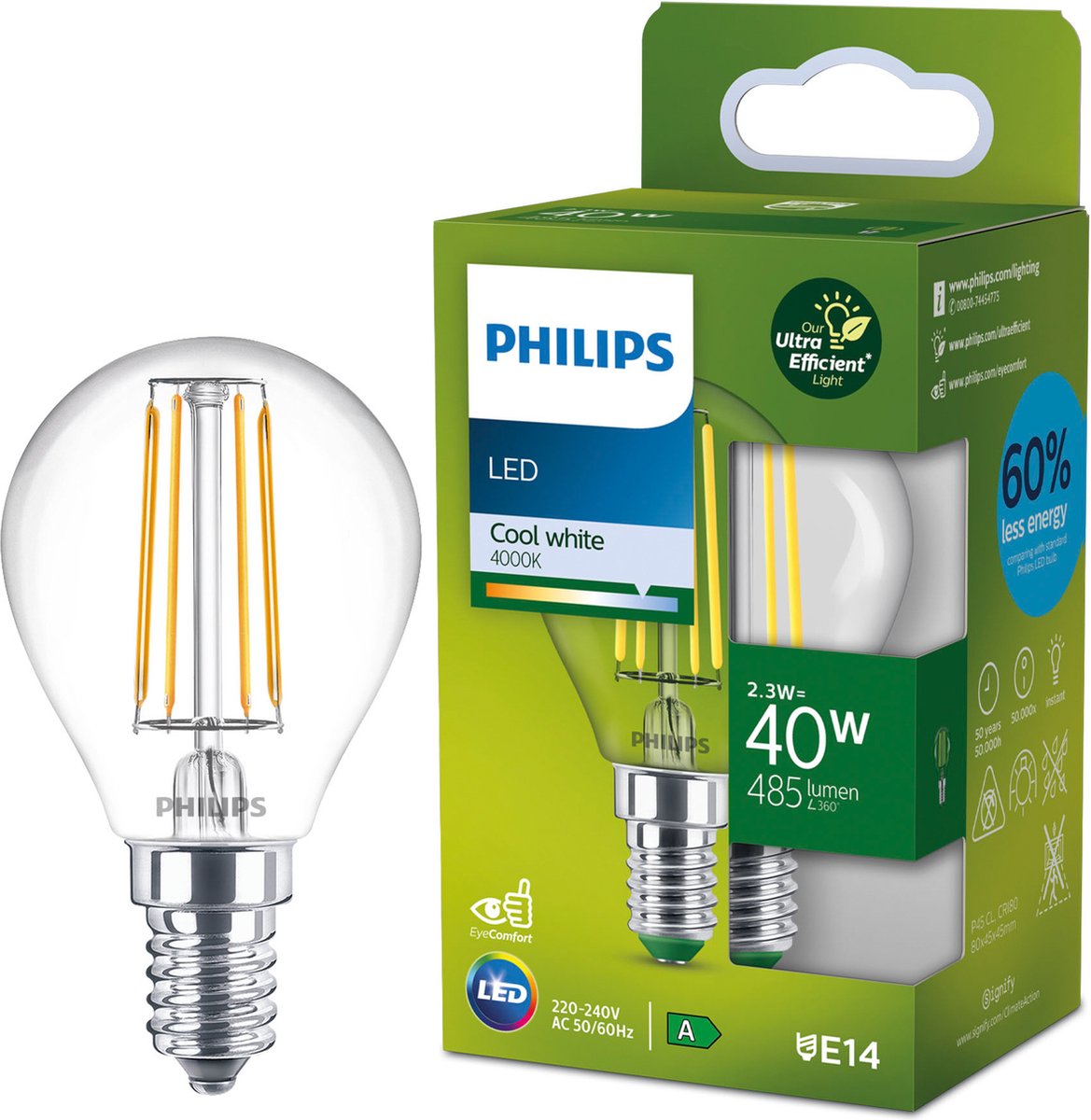 Philips led philips ultra efficient led kogellamp transparant - 40 w - e14 - koelwit licht - energielabel a