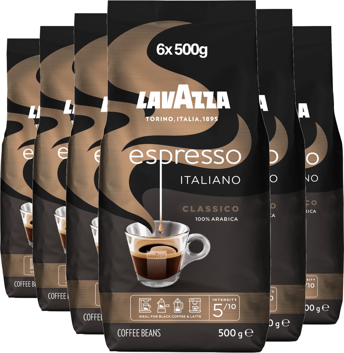 Lavazza Espresso Italiano Classico Kaffeebohnen – 100 % Arabica-Kaffeebohnen – Intensität 5 10 – 6 x 500 Gramm