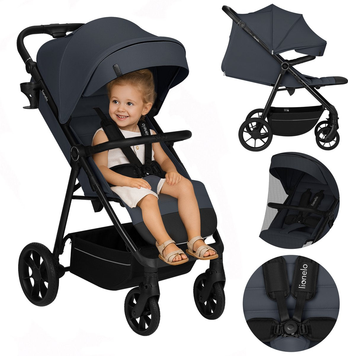 Lionelo Iva – Kinderwagen Buggy Premium – 6 Monate 4 Jahre (bis 22 kg) – 360° drehbare Räder mit Federung – Magnetgurt – XXL-Sonnenverdeck UPF50 – verstellbare Rückenlehne, Fußstützen-Schiebegriff – großer Einkaufskorb – Stadtgelände – Kinderwagen