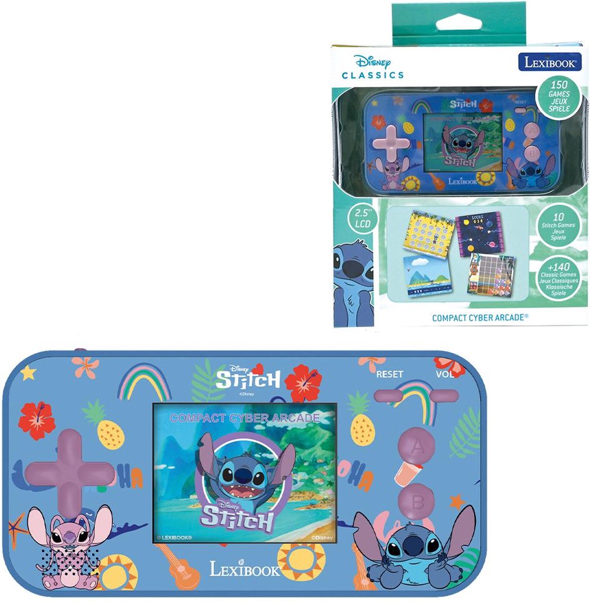 Lexibook Stitch Compact Cyber Arcade® Taschenspielkonsole mit Farb-LCD 2,5'' und 150 Spielen, darunter 10 aus dem Disney Stitch-Universum