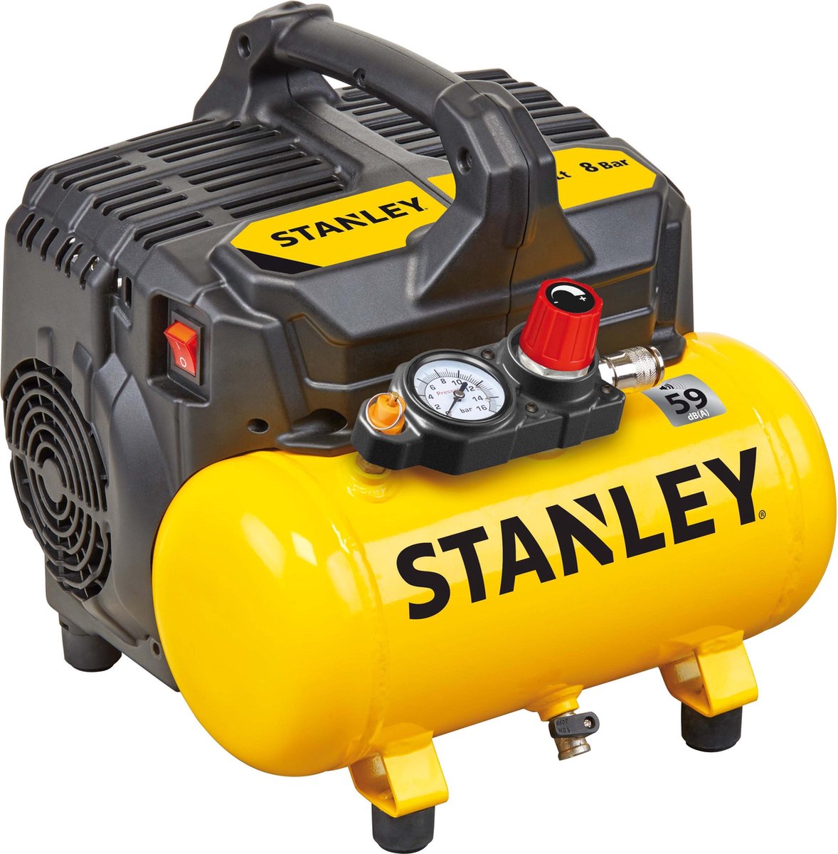 Stanley Silent Kompressor DST 100 8 6 – Luftkompressor 8bar – Luftpumpe mit Tankinhalt 6l – Saugkompressor ölfrei 105l min – mit Griff und Anti-Rutsch-Füßen – geeignet für Druckluftwerkzeuge
