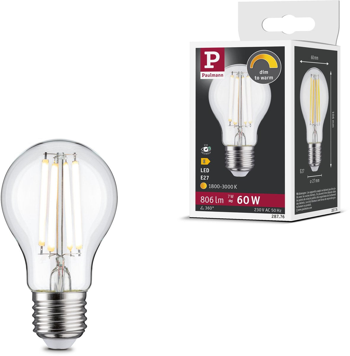 Paulmann Filament 230 V LED-Glühbirne E27 806lm 7W dimmbar bis warm dimmbar klar