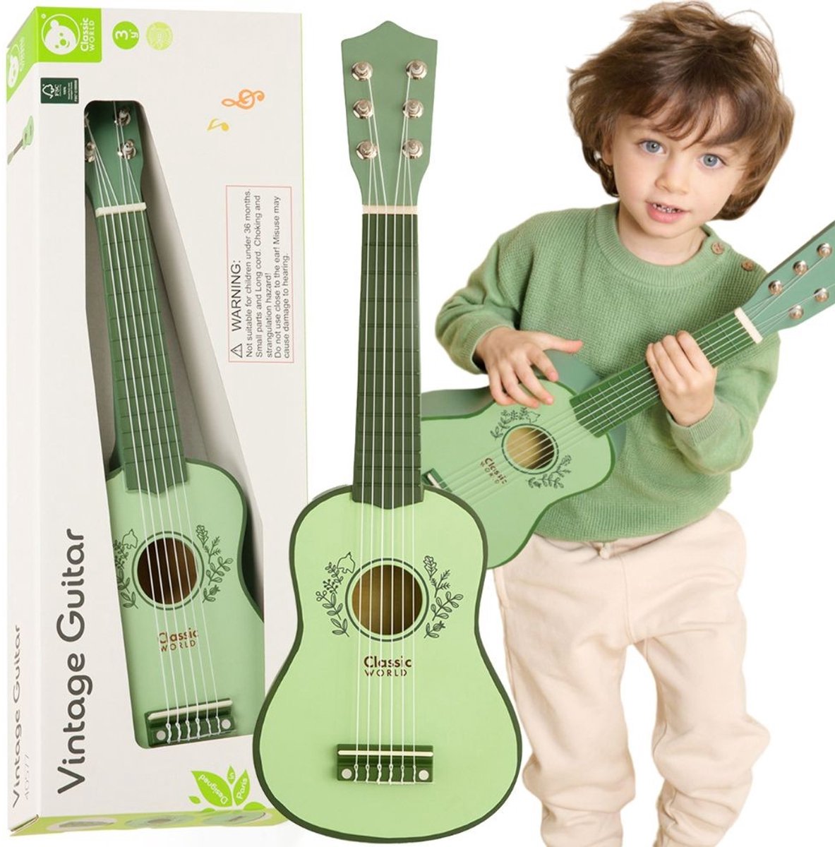 Lobbes Toys BV Classic World Holzgitarre für Kinder, Vintage-Musikinstrument 3+ – Uni