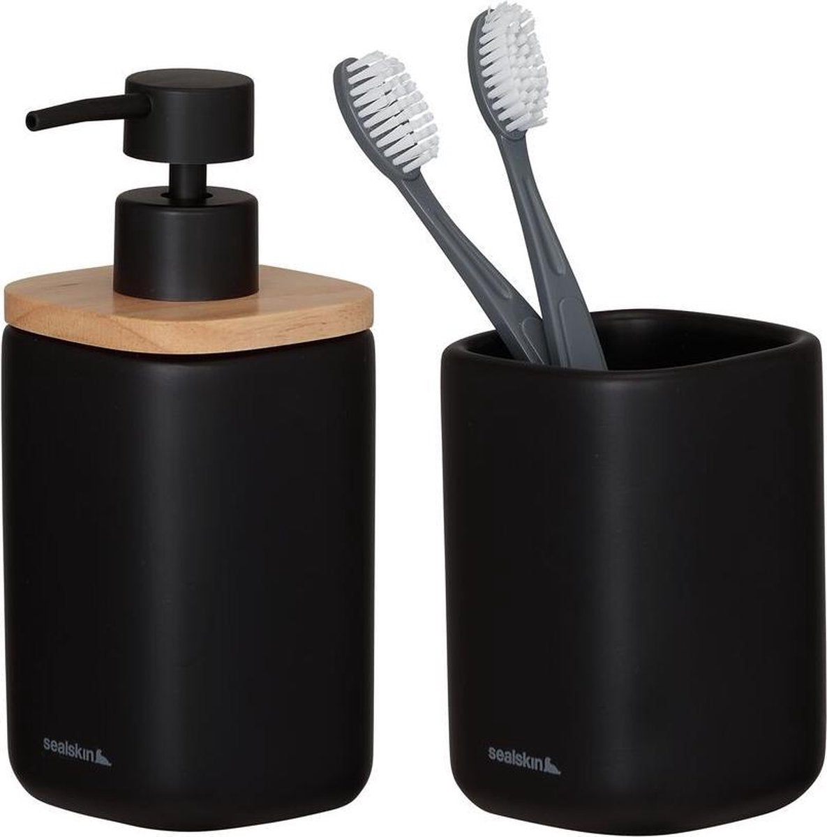 Sealskin mind - badkamerset - zeepdispenser 200 ml - tandenborstelbeker - zwart