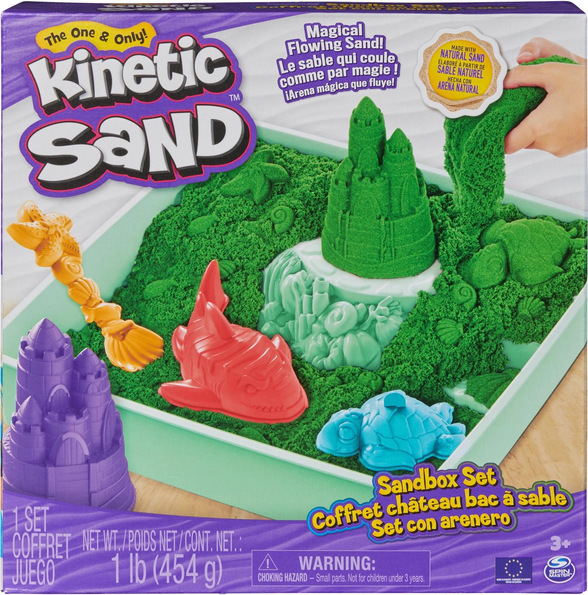 Kinetischer Sand – Sandkasten-Set mit 454 g grünem Original-Aufbewahrungssandkasten, 4 Formen und Werkzeugen – sensorisches Spielzeug