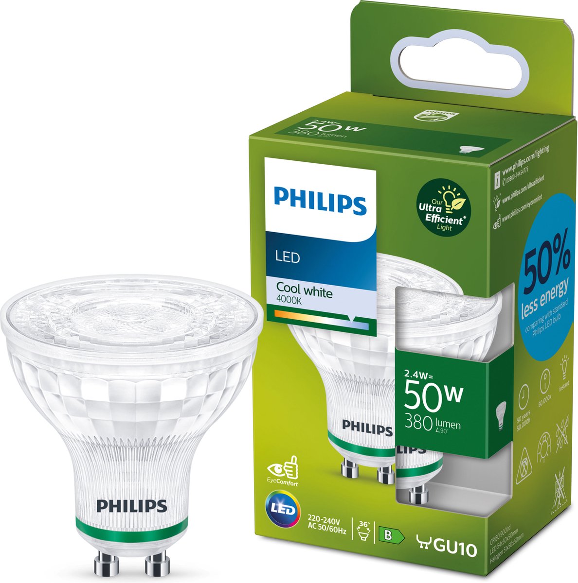 Philips led philips ultra efficient led spot - 50 w - gu10 - koelwit licht