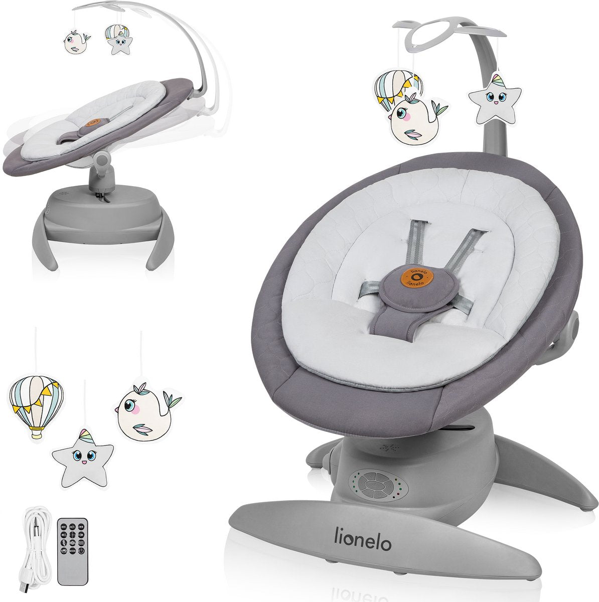 Lionelo Mell Schaukelstuhl – Bluetooth-Fernbedienung – elektrische Babyschaukel – 360° drehbar – 5 Geschwindigkeiten – 3 Rückenpositionen – Bewegungssensor – Timer – 14 Melodien – Spielbogen – Bambuskissen – waschbarer Bezug – Babyschaukelstuhl