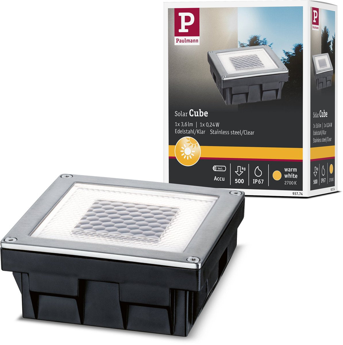 Paulmann solar led-grondinbouwlamp cube ip67 2700k 3,6lm edelstaal, helder
