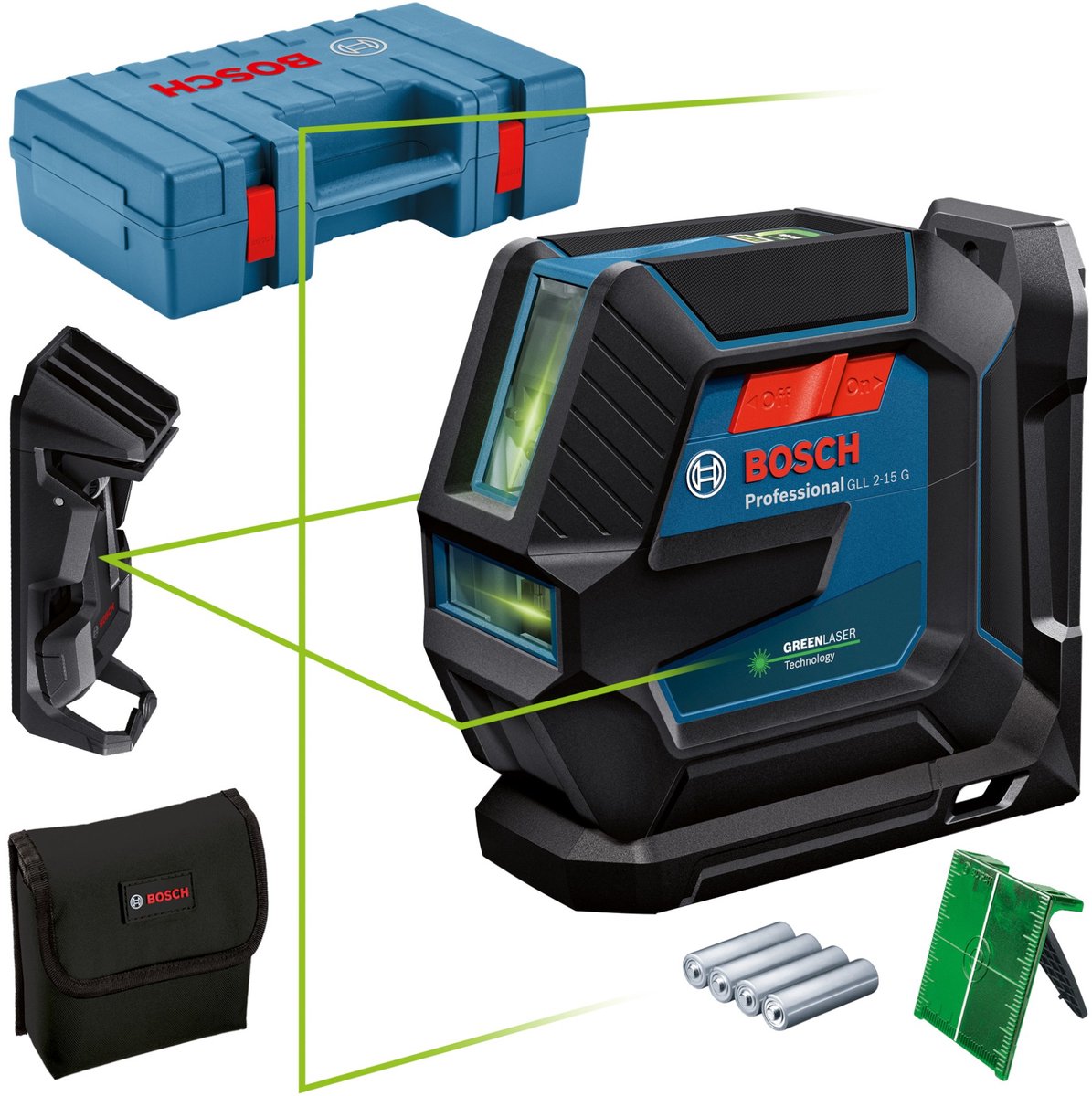 Bosch Professional GLL 2-15 G Kreuzlinienlaser grün + Deckenklemme DK 10 im Koffer - 0601063W02