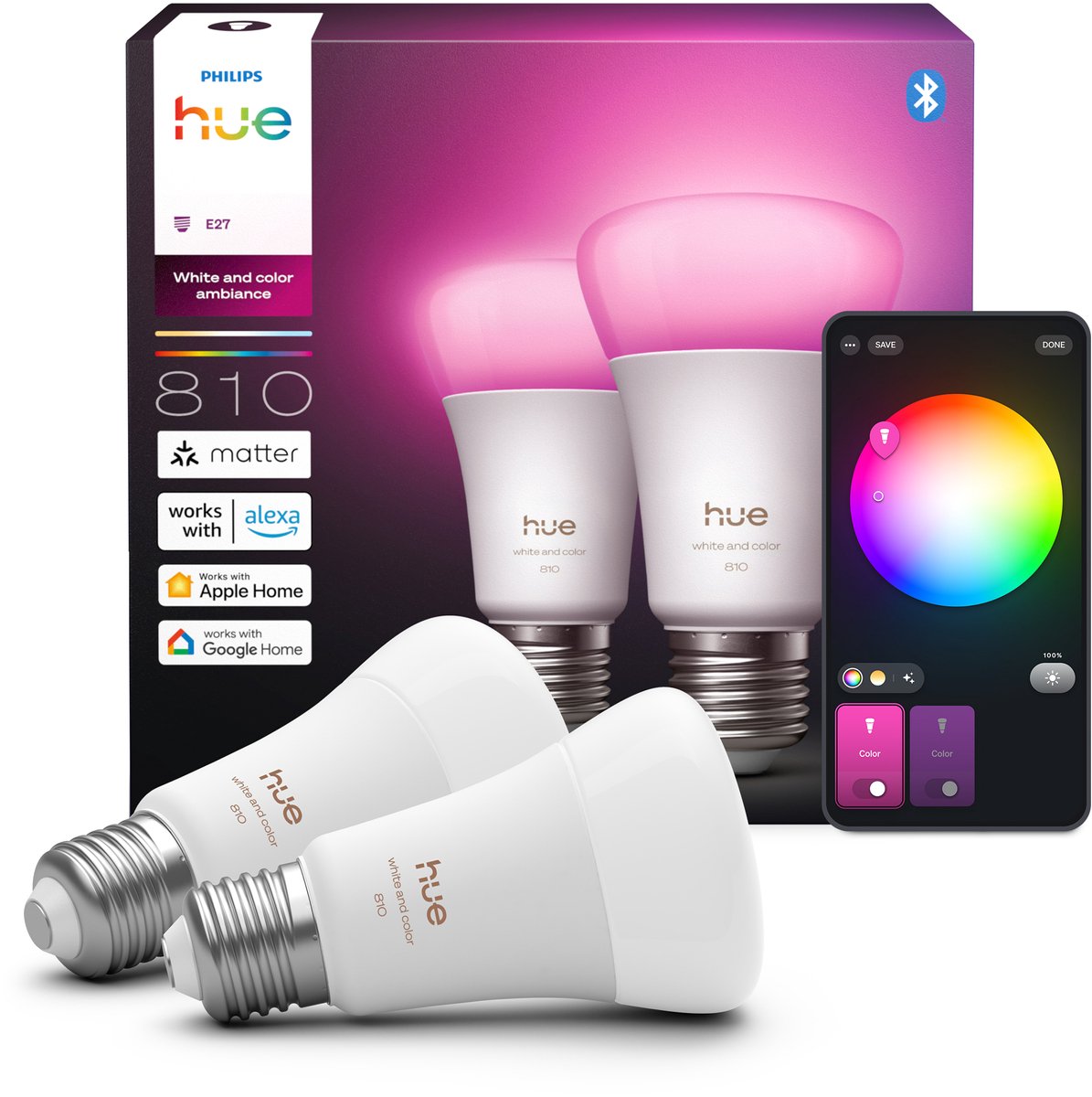 Philips hue slimme led a60 bulb, wit en gekleurd licht, e27 fitting, 2-pack