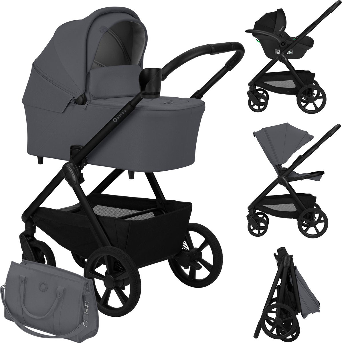 Lionelo Carmine Kinderwagen 3 in 1 – inklusive Astrid I-Size-Autositz – Graveltech-Geländeräder – 3D-Belüftung Airydots-Matratze – Anti-Reflux-Babywanne – komfortable Federung – zusammenklappbar mit Sitz – UPF50+ – komplettes Zubehörset