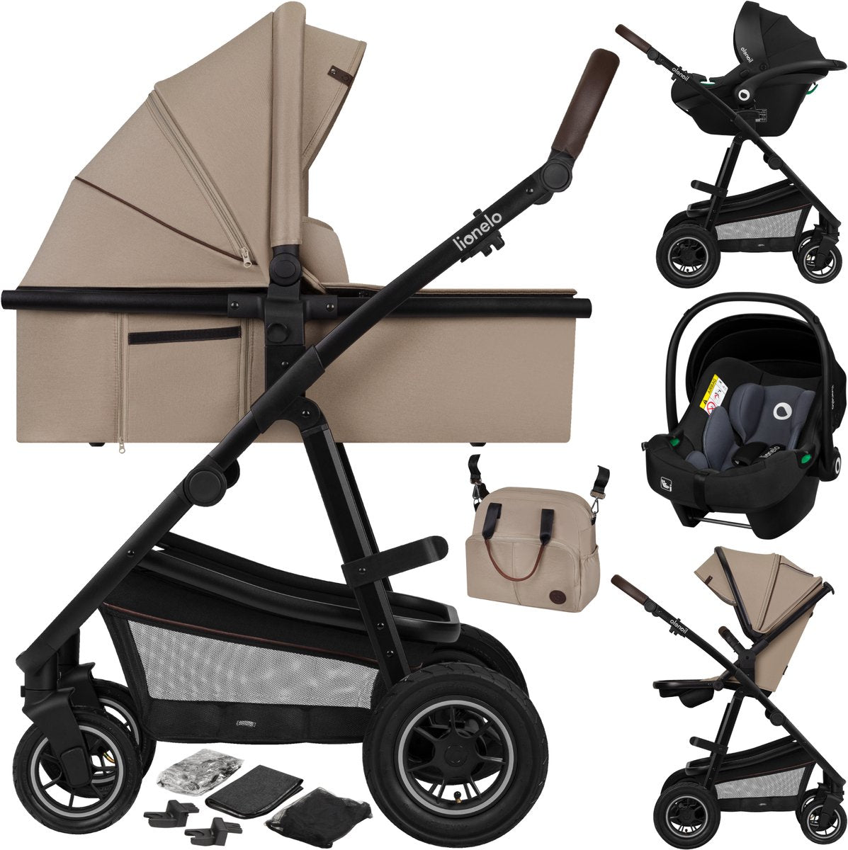 Lionelo amber kinderwagen 3 in 1 - reiswieg + buggy + autostoel - luchtbanden, volledige vering - comfortabel baby matras - snel inklapbaar - luiertas - regenhoes - muskietennet - vanaf geboorte tot 4 jaar (0-22 kg)