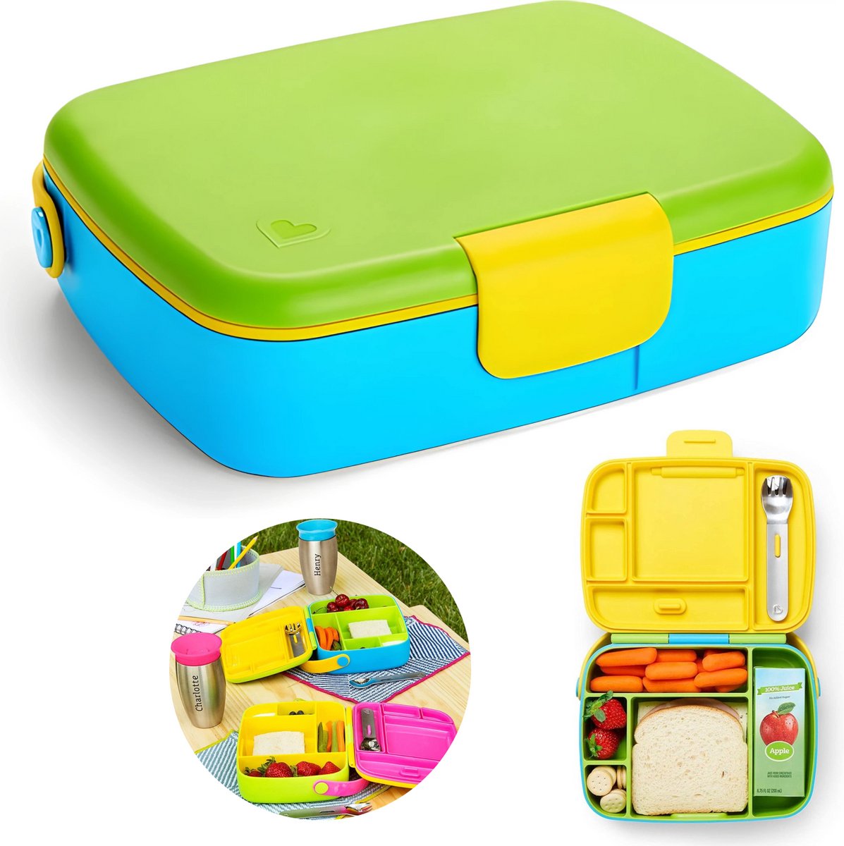Munchkin - Bento-Lunchbox - Lunchbox - Lunchbox für Kinder - inklusive Edelstahlbesteck - spülmaschinenfest - ab 18 Monaten - grün blau