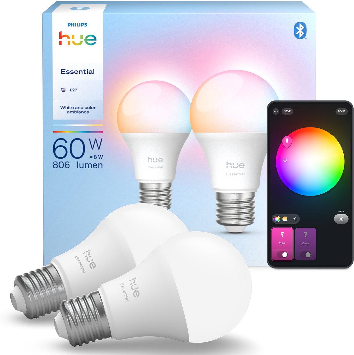 Philips hue essential slimme a60 lamp - wit en gekleurd licht - 2-pack