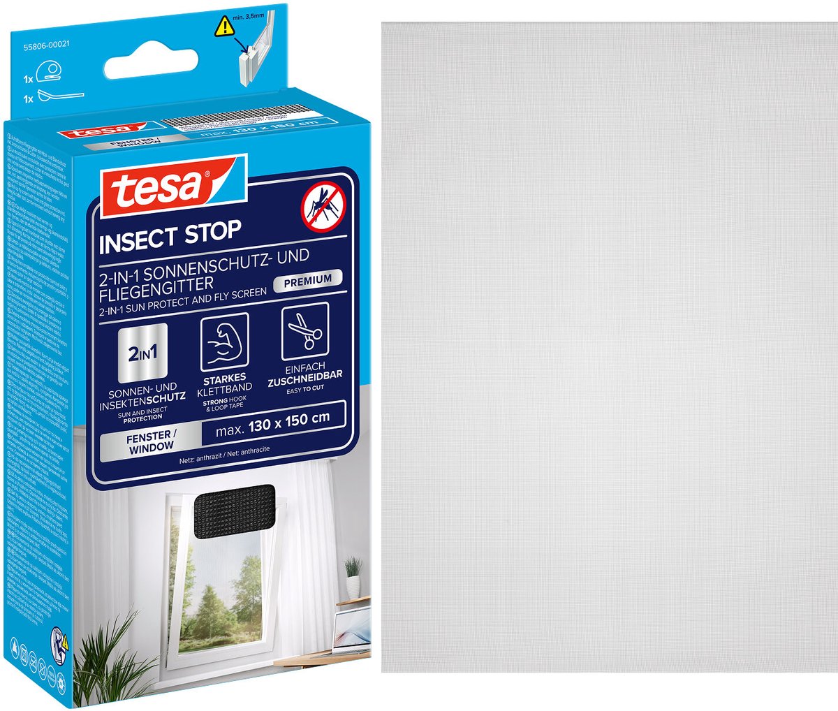 Tesa Insektenstopp 2-in-1 Sonnenschutz und Fliegengitter Premium für Fenster – Insektenschutz mit Sonnenschutz, ohne Bohren, Anthrazit-Metallic – 130 x 150 cm