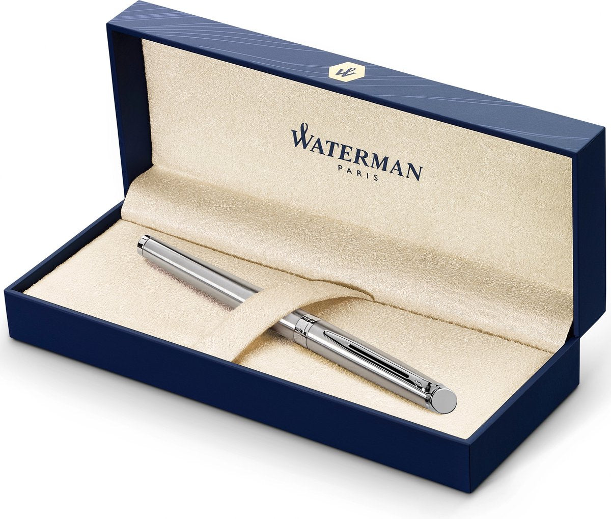 Waterman Hemisphère-Füllfederhalter | Edelstahl mit Chromkante | mittlere Feder | blaue Tinte | Geschenkverpackung