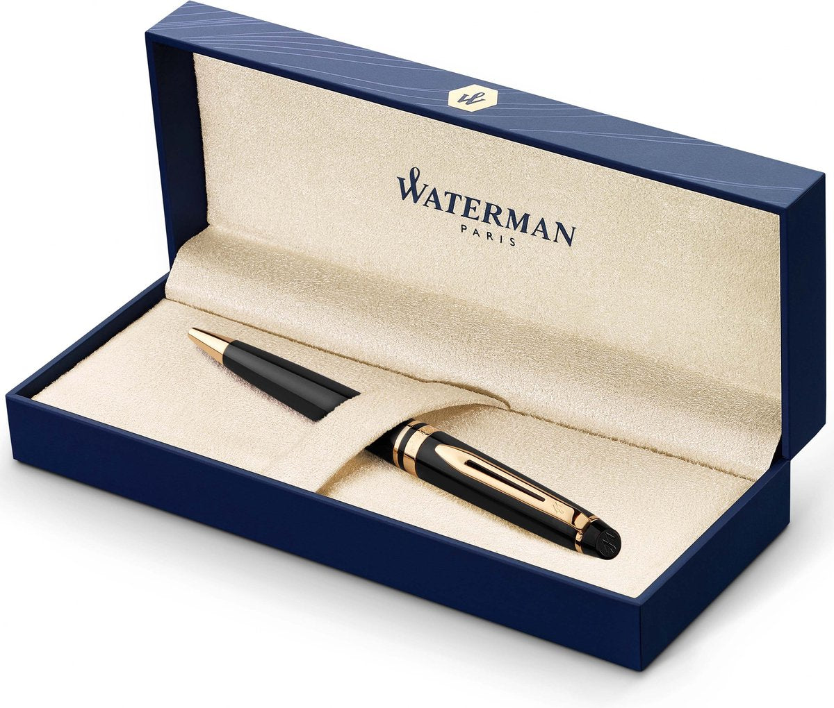 Waterman Expert Kugelschreiber | schwarz glänzend mit 23-Karat-Gold-Finish | mittlere Feder | blaue Tinte | Geschenkverpackung