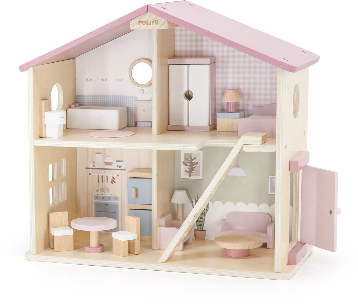 Polarb Puppenhaus aus Holz – inklusive 16 Möbelzubehör – Spielhaus für Puppen bis 10 cm (3+ Jahre)