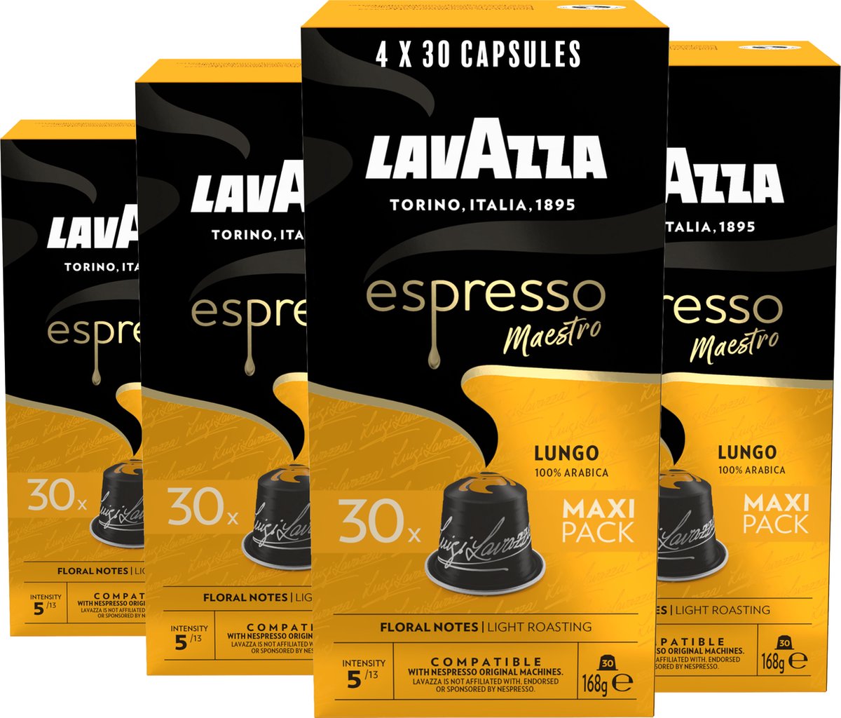 Lavazza Espresso Lungo Kaffeetassen – 120 Nespresso-Tassen – 100 % Arabica-Kaffee – Intensität: 5 13 – 4 x 30 Aluminiumkapseln