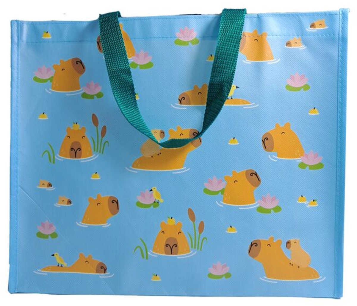 Puckator Einkaufstasche Shopper - Capybara schwimmende Blumen - nachhaltig - hellblau braun - 33x39x17cm