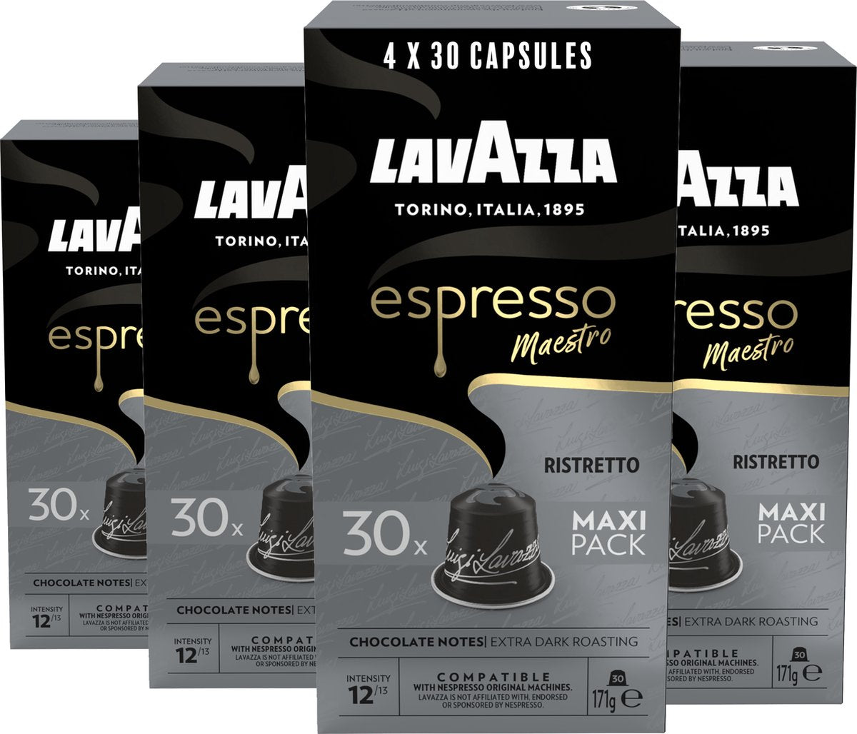 Lavazza Espresso Ristretto Kaffeetassen – 120 Nespresso Tassen – Kaffeemischung aus Arabica Robusta – Intensität: 12 13 – 4 x 30 Aluminiumkapseln