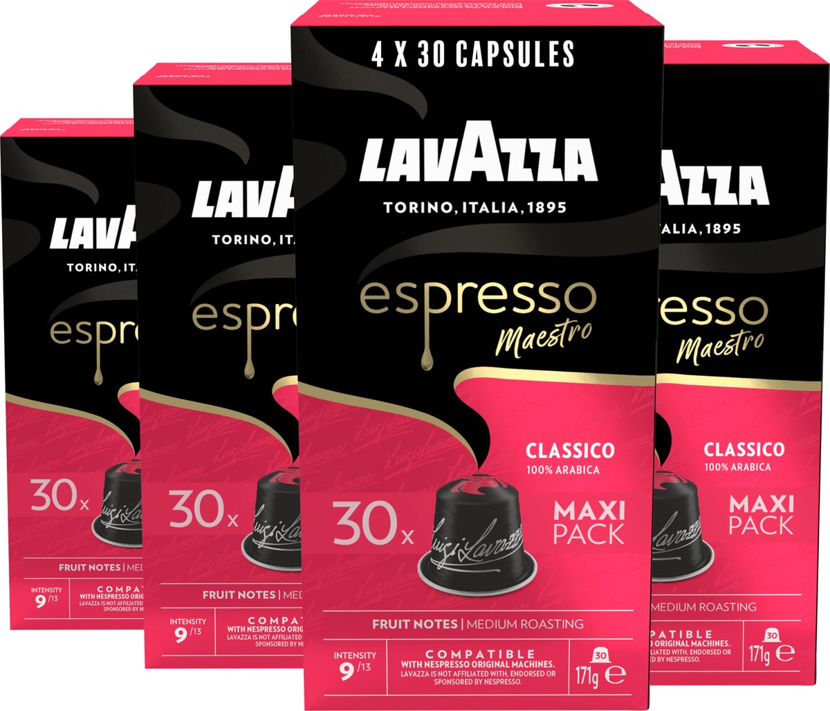 Lavazza Espresso Classico Kaffeetassen – 120 Tassen – 100 % Arabica-Kaffee – Intensität: 9 13 – 4 x 30 Aluminiumkapseln – geeignet für Nespresso