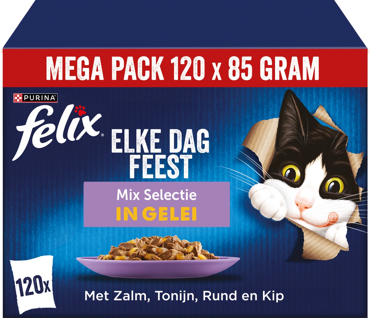 Felix Every Day Party Mix Auswahl in Gelee – Katzenfutter Nassfutter – Lachs Thunfisch Rind Huhn – 120 x 85 g