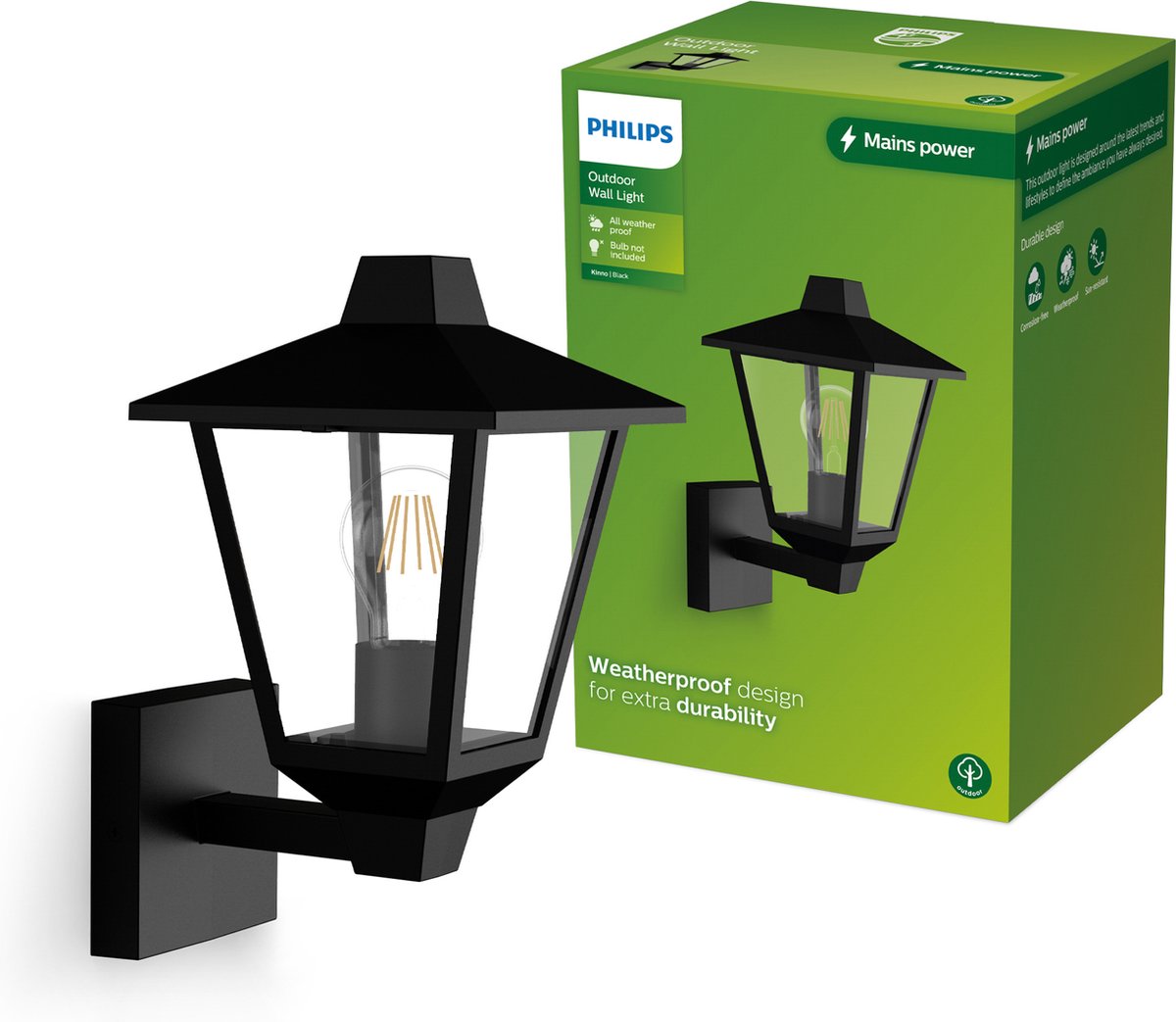 Philips led philips kinno wandlamp - buitenlamp - zwart - e27 fitting - maximaal 25w - weerbestendig; ip44 - staande wandlamp