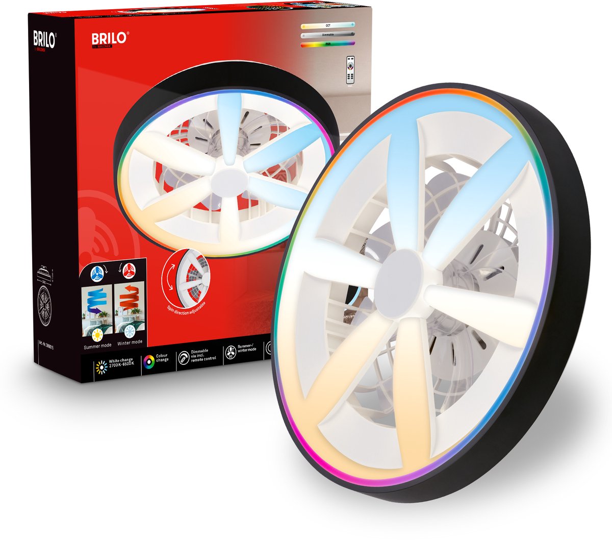 Briloner Air – Deckenventilator mit RGB-Beleuchtung – LED-Deckenleuchte mit Ventilator – dimmbar – 5 Geschwindigkeiten – Ventilatorlampe Sommer- und Wintermodus – RGB CCT – ø48 cm – Schwarz
