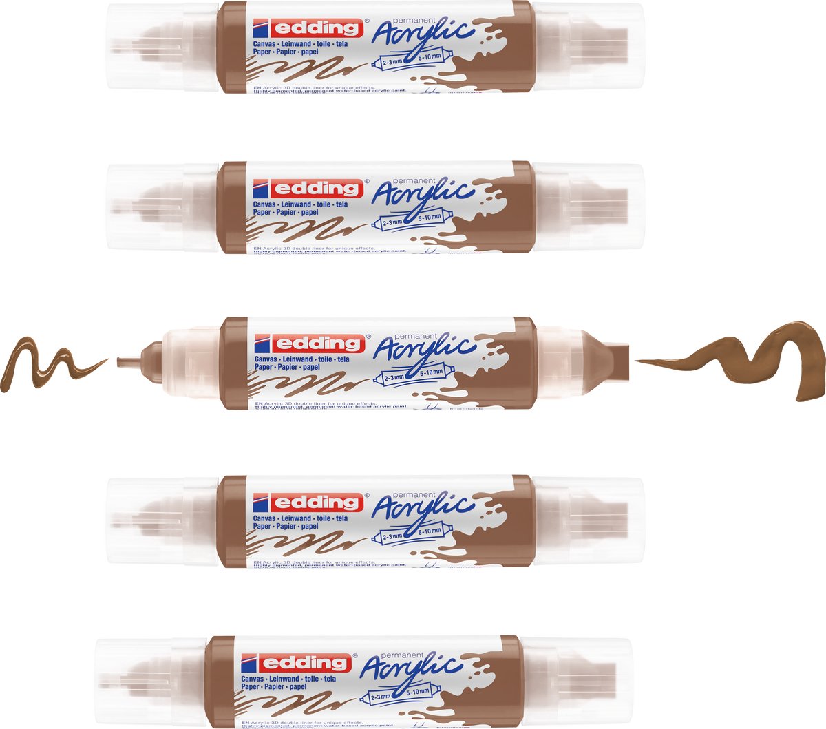 Edding 5400 Acryl 3D Double Liner Haselnuss – 5 Acryltuben – Doppelspitze 2–3 mm 5–10 mm – hochwertige Acrylfarbe auf Wasserbasis für Leinwand, Holz, Papier
