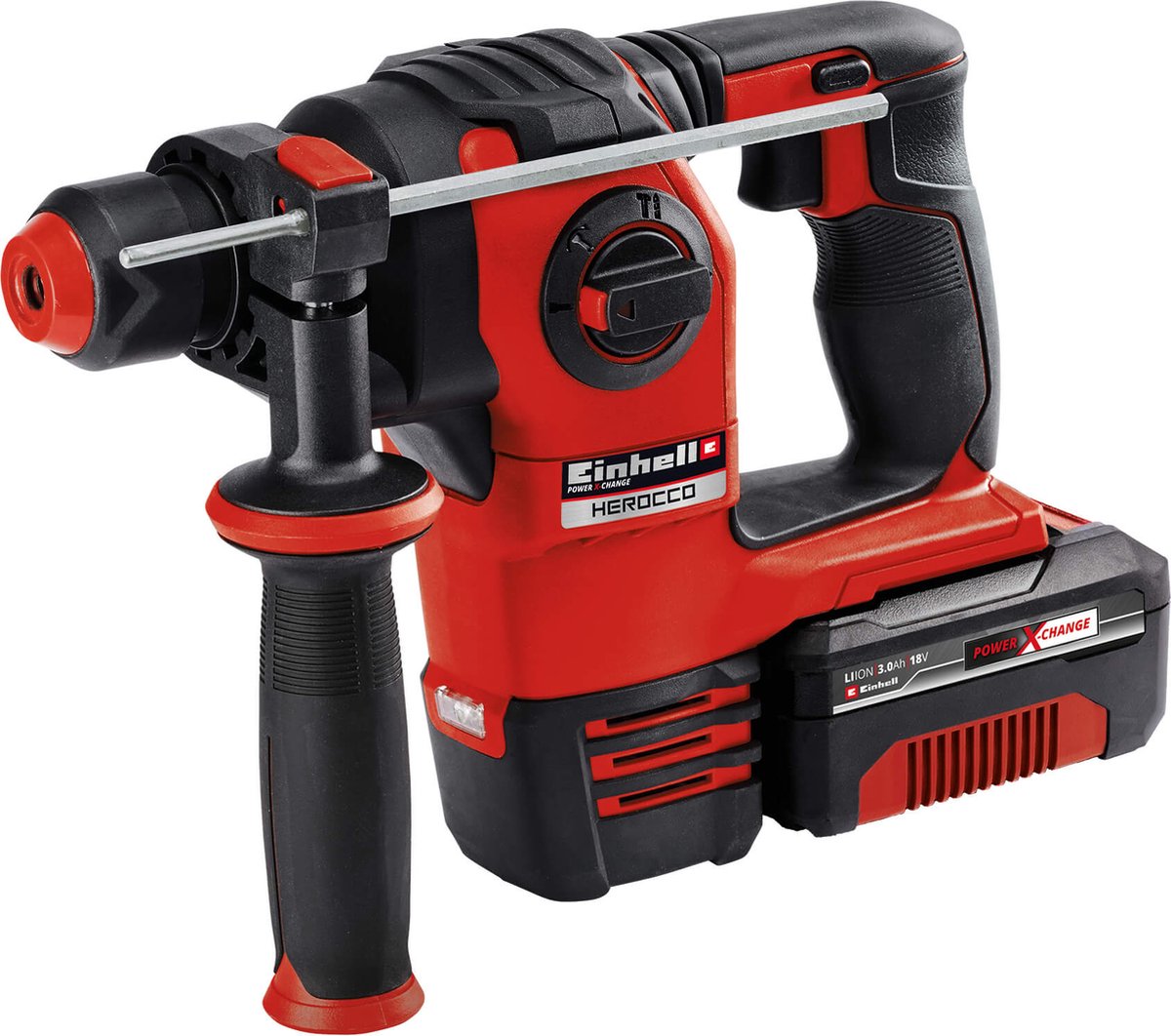 Einhell accu boorhamer herocco li kit - power x-change - 18 v li-ion - 2,2 joule - sds-plus - incl. 3 boren, platte beitel en puntbeitel - incl. e-box - incl. 3.0 ah accu + lader