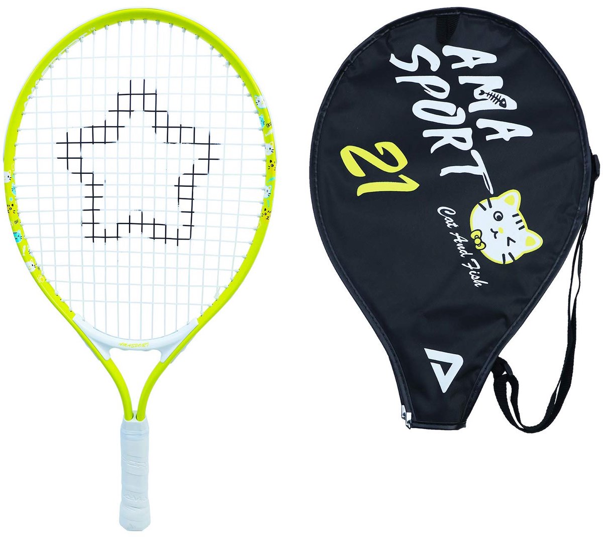 Ama Sport Kinder-Tennisschläger Cat Yellow 21 Zoll – leichter Junior-Schläger mit Tasche – ideal für Anfänger –