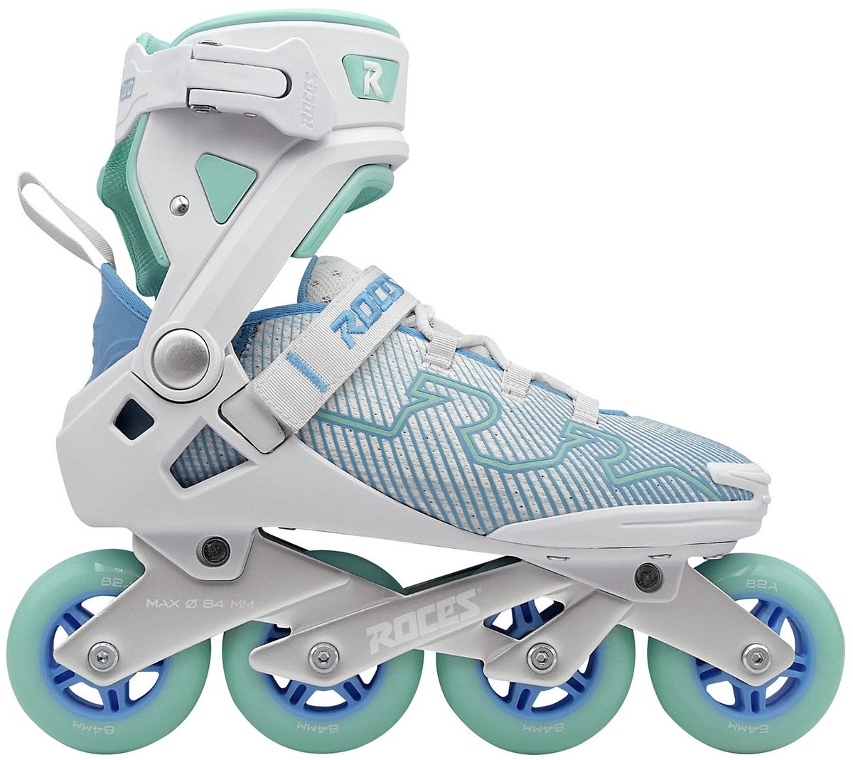 Roces R-Evo 84 Inline-Skates – 84 mm – Softboot – zusätzliche Komfortstabilität – Fersenverriegelung, einfacher Einstieg – Abec-7 – Fitness-Inline-Skates – Damen – Weiß Azurblau – Größe 41
