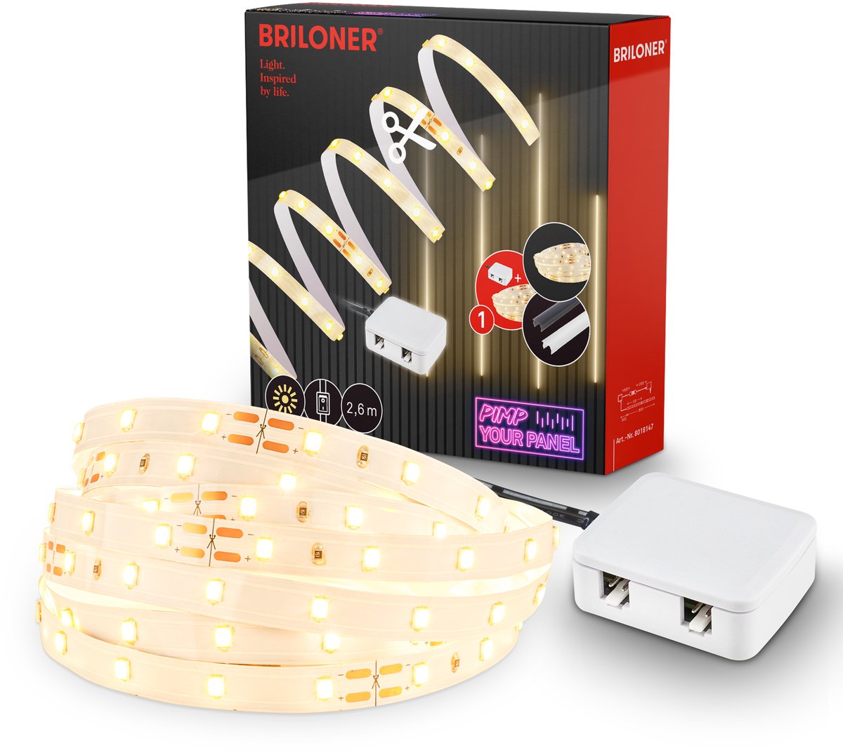 Briloner Pimp Your Panel – LED Strip Starter Kit 2,6 m – 8018147 – WW Basisset – Pimp Your Panel – Treiber – Kabelschalter – selbstklebend – 262,5 x 1 cm